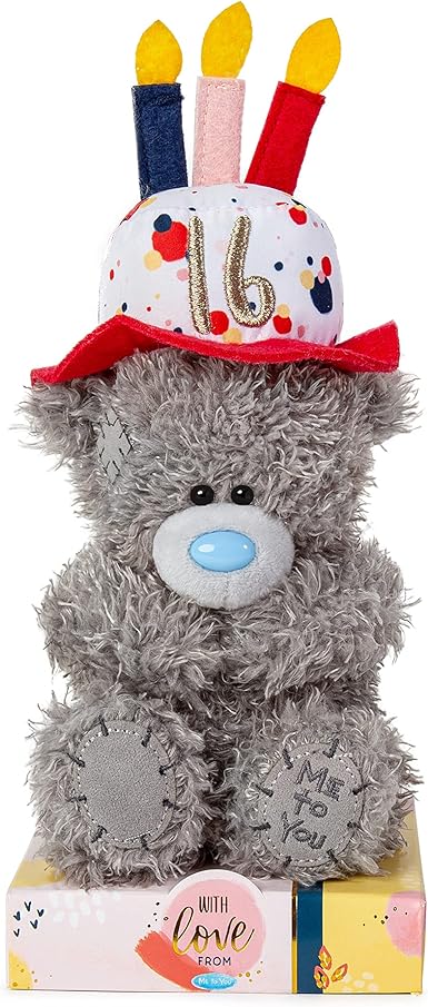 Gray Me To You Bear 7-inch plush with birthday hat, celebrating a 16th birthday, by Carte Blanche.