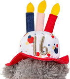 Gray Me To You Bear holding a birthday hat, 7-inch plush toy for 16th birthday, by Carte Blanche.