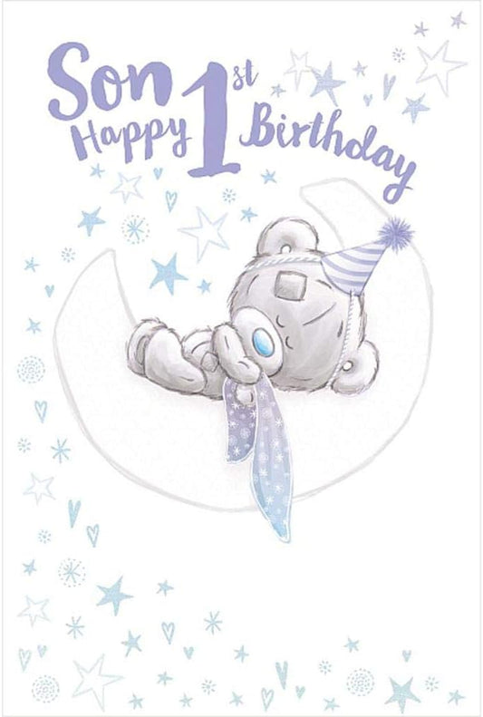 Me To You Bear first birthday card by Carte Blanche featuring a cute teddy bear design on a colorful background.