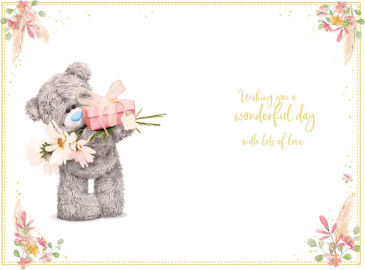 Tatty Teddy bear holding flowers with a birthday greeting card, part of the Me To You Fantastic Friend collection, 6x9 inches.