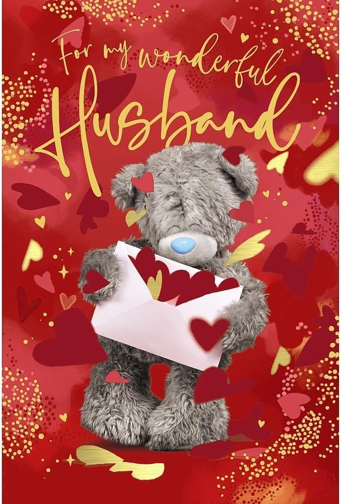 Me To You Tatty Teddy Wonderful Husband 3D holographic birthday card showing Tatty Teddy holding a birthday gift with colorful holographic effects.