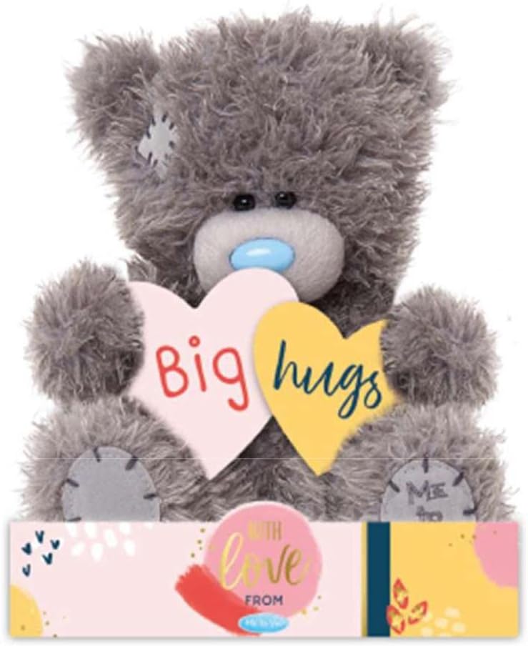 Grey and blue Tatty Teddy Bear 7-inch plush with hearts, displayed on a plinth, perfect for gifting from Carte Blanche.
