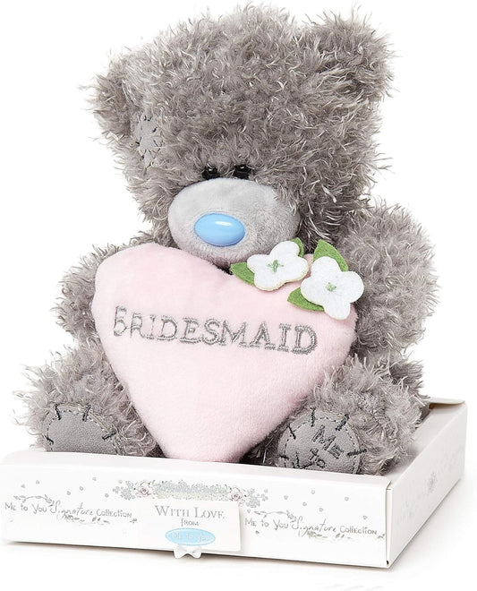 Tatty Teddy Bear Bridesmaid plush toy with love heart, displayed on a gift plinth, by Carte Blanche.