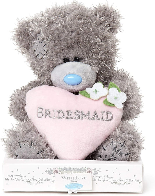 Carte Blanche Tatty Teddy Bear bridesmaid love heart soft toy on a gift plinth, featuring a cute teddy with a love heart accessory.