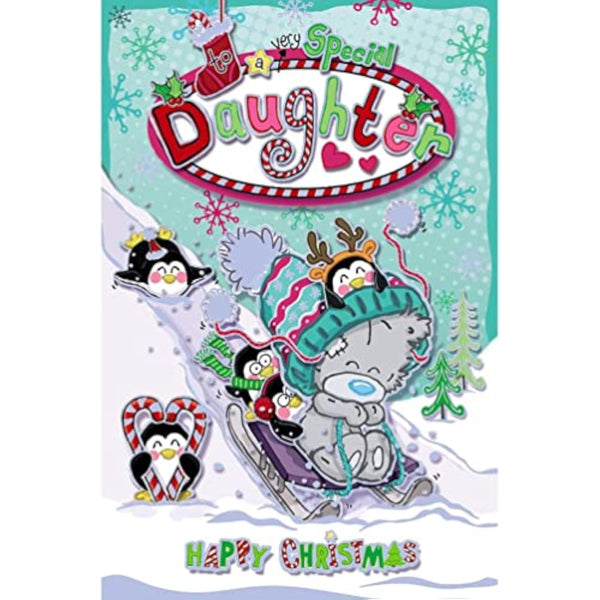 Whimsical Christmas greeting card featuring a bear sledging with daughter, festive winter scene, by Carte Blanche.