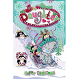 Whimsical Christmas greeting card featuring a bear sledging with daughter, festive winter scene, by Carte Blanche.