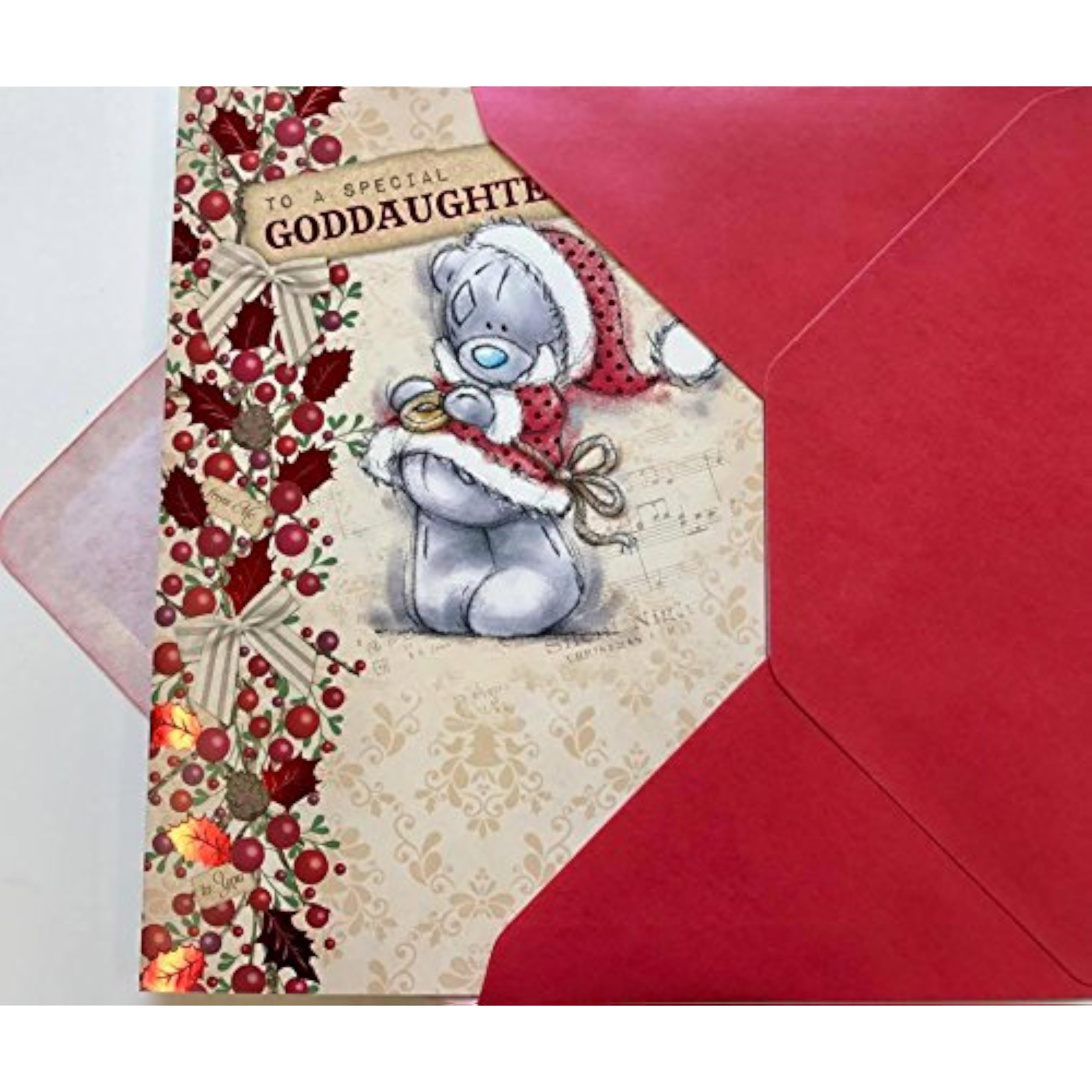 Red foil Christmas greeting card featuring Me To You Bear for Goddaughter by Carte Blanche, with festive holiday design.