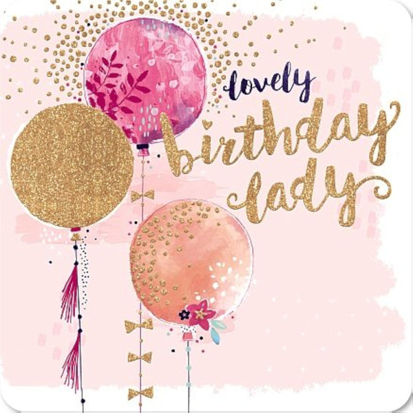 Pink Rosé Balloons Birthday Lady greeting card by Carte Blanche featuring festive balloon illustrations and celebratory design.
