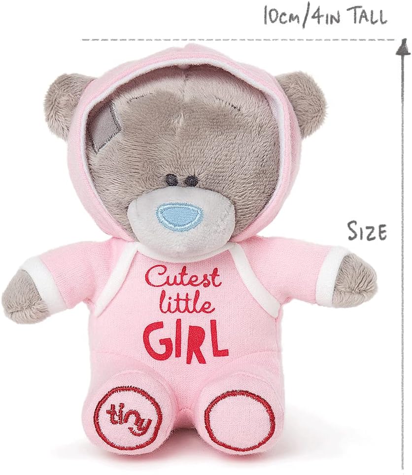 Pink plush Tatty Teddy bear in a baby girl pink grow, adorable Carte Blanche plush toy with cute embroidered features.