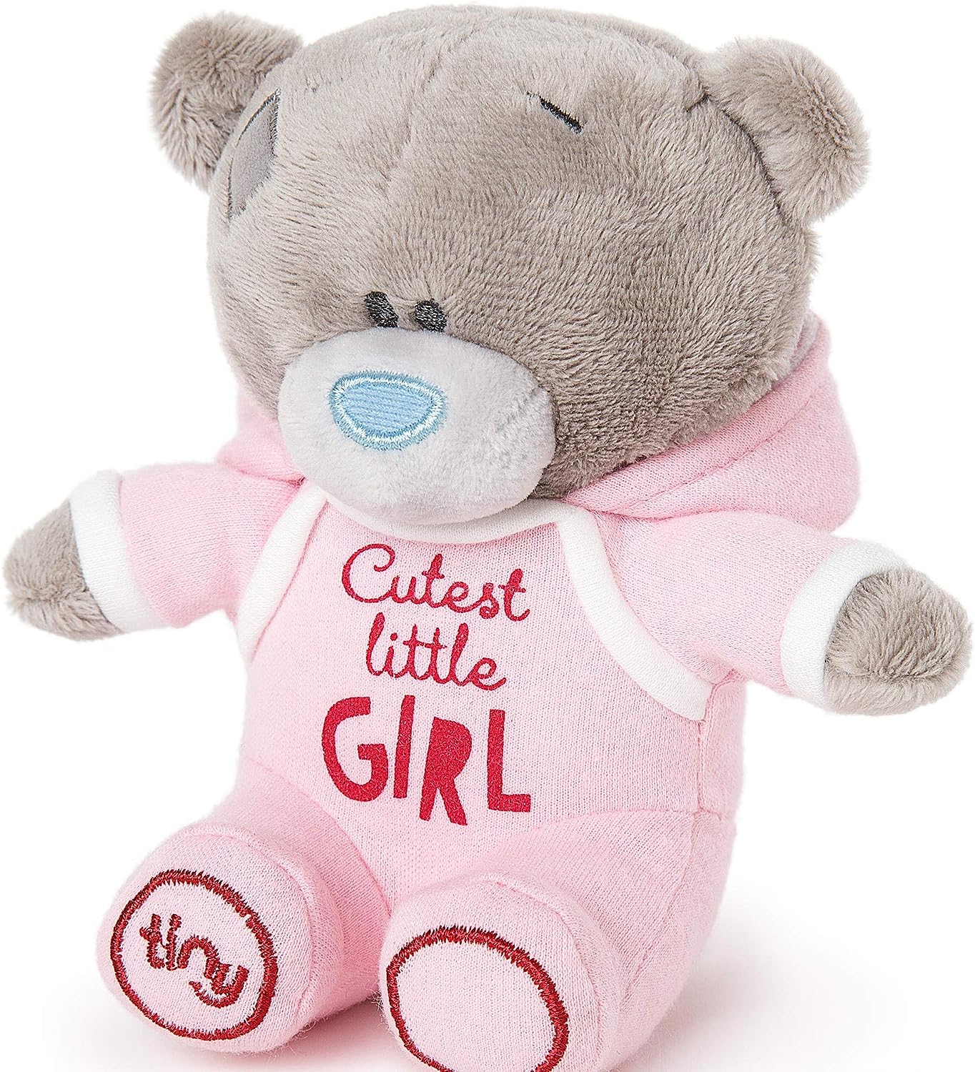 Soft Tatty Teddy plush toy of a little girl bear in a pink baby grow, by Carte Blanche, with detailed stitching and cuddly appearance.