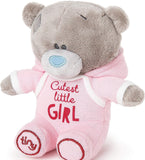 Soft Tatty Teddy plush toy of a little girl bear in a pink baby grow, by Carte Blanche, with detailed stitching and cuddly appearance.