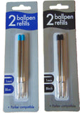 Twin pack of County black ballpoint pen refills compatible with Parker pens, shown alongside a greeting card.