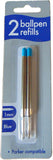 Twin pack of County Parker-compatible blue ink ballpoint pen refills, designed for smooth writing on greeting cards.