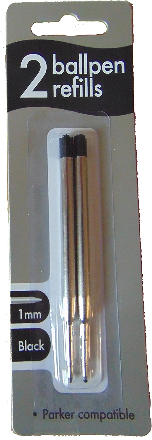 Twin pack of County Parker-compatible blue ink ballpoint pen refills for smooth writing, shown beside a greeting card.