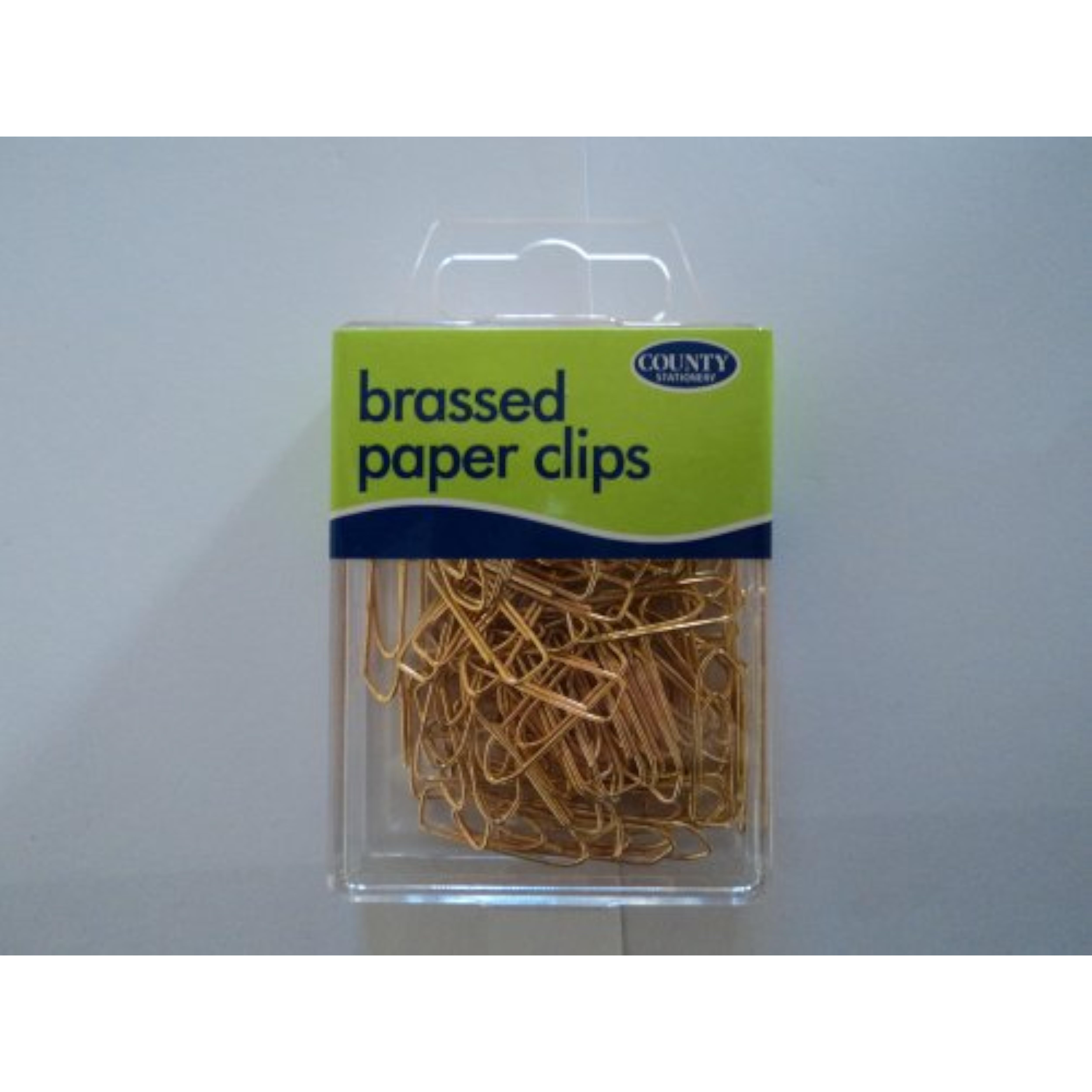 County brassed paper clips, 25mm, stored in a reusable plastic box, set of approximately 100 stationery accessories.