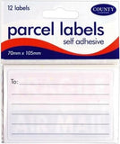 Self-adhesive shipping labels from County, pack of 12, designed for easy application on parcels and shipping documents.