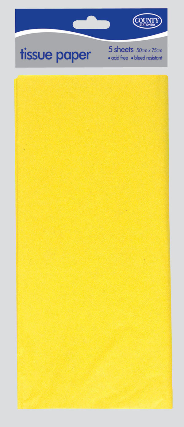 Bright yellow tissue paper sheets from County, perfect for gift wrapping and craft projects, shown in a neatly stacked arrangement.