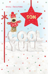 Boofle stood on large letters Cool Yule -Son Christmas Card
