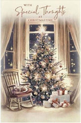 Christmas Card Special Thoughts Tree Presents and Sleeping Cat