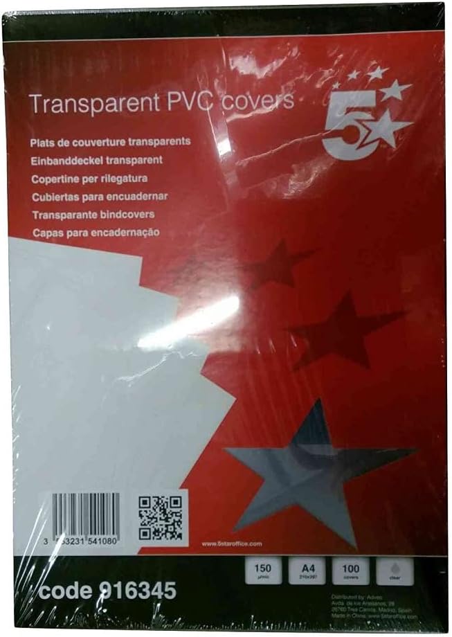5 Star Office Comb Binding Covers PVC 150 Micron A4 Clear (Pack of 100)