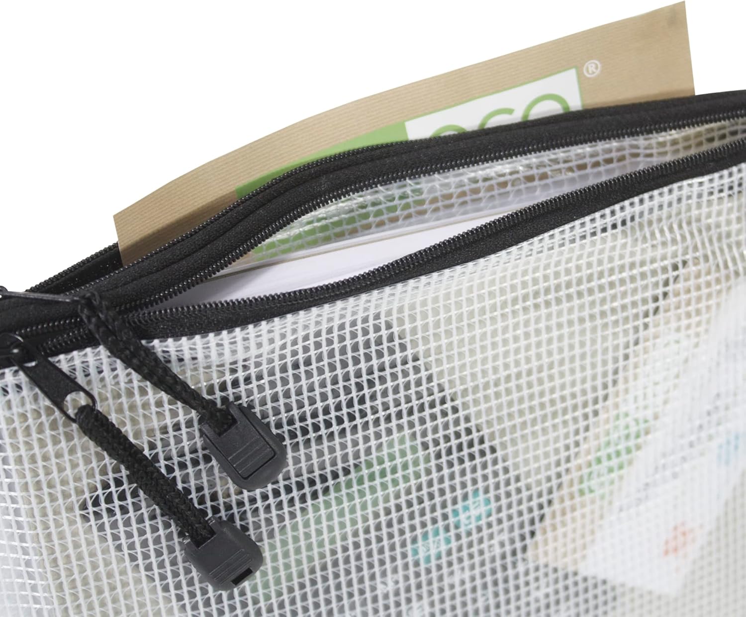 Clear flat pencil case made of 90% recycled materials, Eco-Eco Stationery, 20x13cm, eco-friendly and durable stationery accessory.