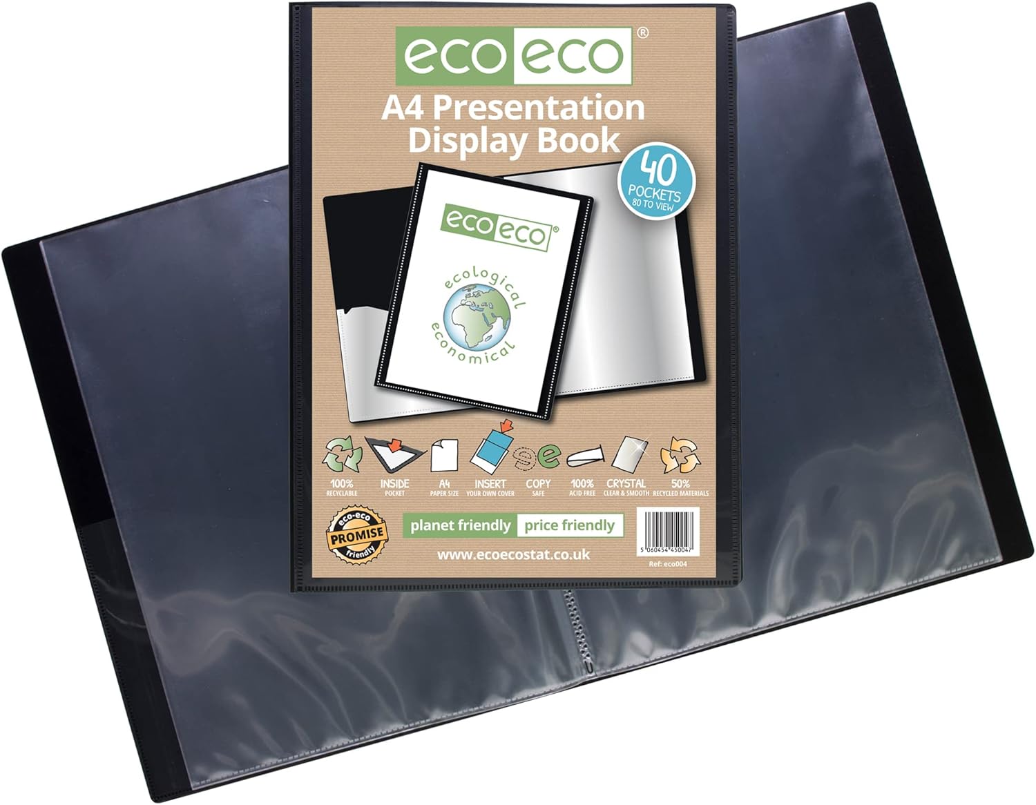 Black A4 presentation display book with 40 pockets, eco-friendly design, and recycled materials, from Eco-Eco Stationery.