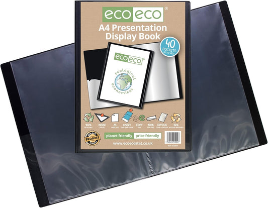 Black A4 presentation display book with 40 pockets, eco-friendly design, and recycled materials, from Eco-Eco Stationery.