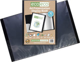 Black A4 presentation display book with 40 pockets, eco-friendly design, and recycled materials, from Eco-Eco Stationery.
