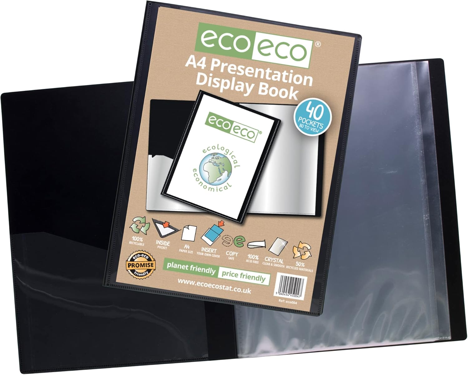 A4 black presentation display book with 40 pockets, made from 50% recycled materials, eco-friendly and durable from Eco-Eco Stationery.