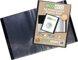 A4 black presentation display book with 60 pockets, eco-friendly recycled material, branded Eco-Eco Stationery, durable and versatile.