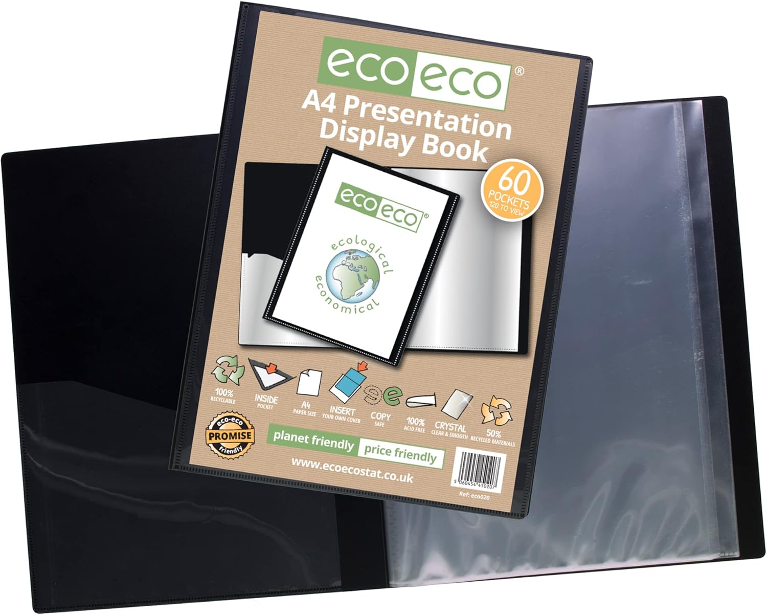A4 black presentation display book with 60 pockets made from 50% recycled materials, eco-friendly and durable by Eco-Eco Stationery.
