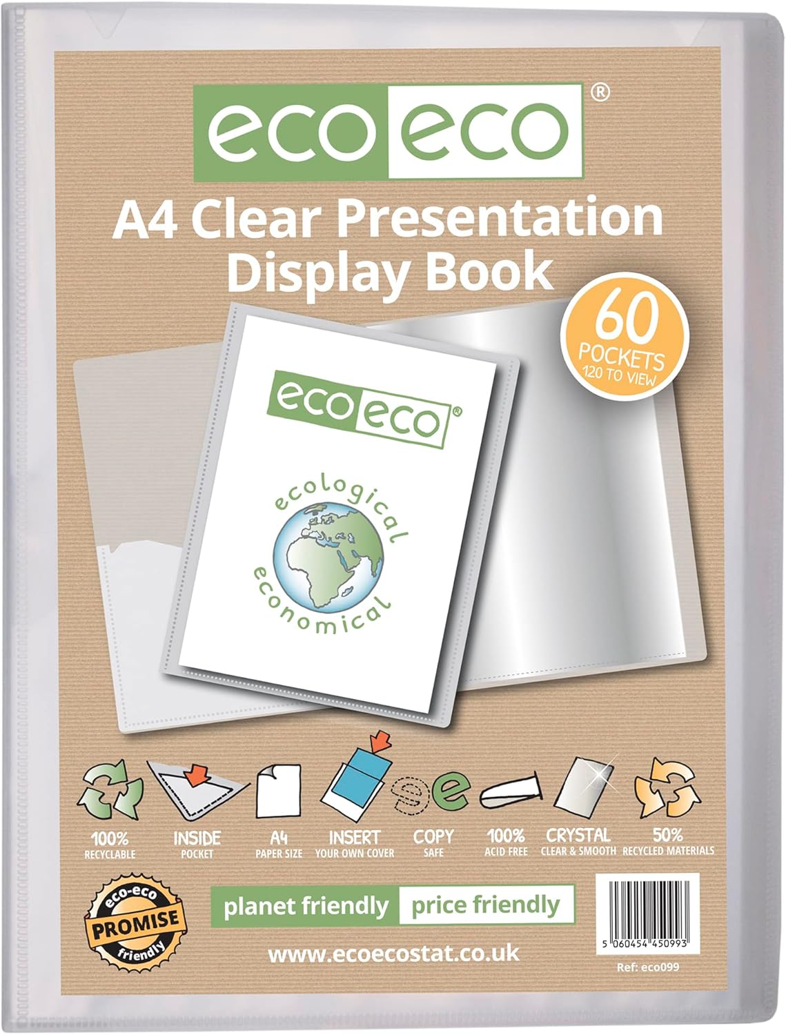 Eco-Eco Stationery A4 clear presentation display book with 60 pockets, made from 50% recycled materials, eco-friendly and durable.