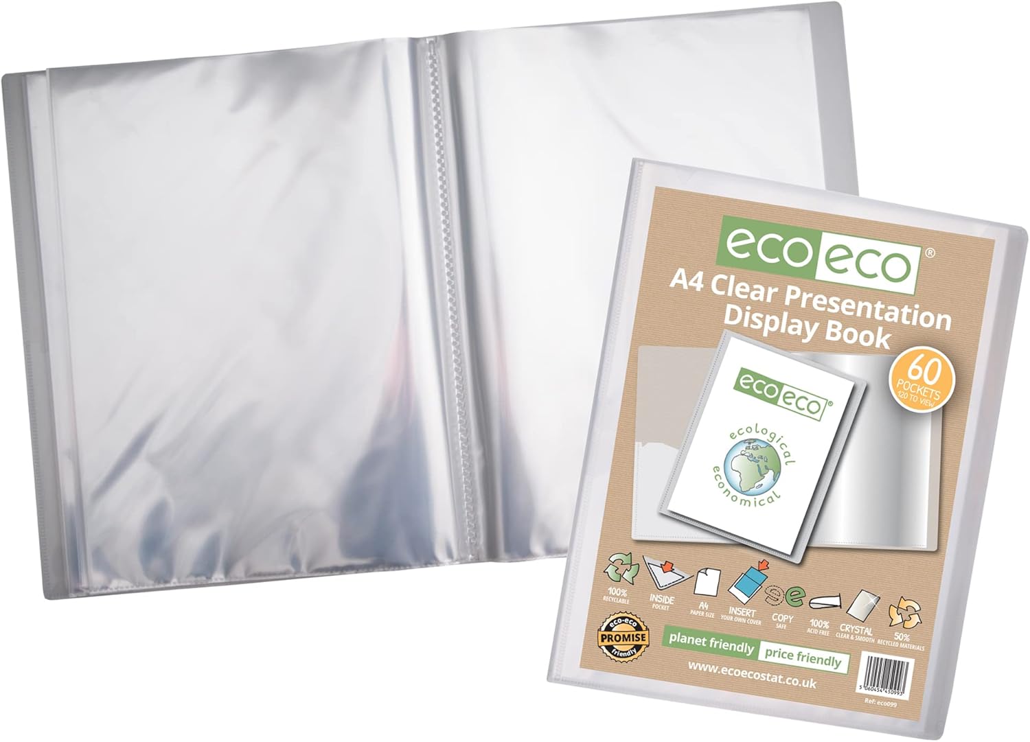 A4 recycled clear presentation display book with 60 pockets from Eco-Eco Stationery, eco-friendly, durable, and perfect for organizing documents.