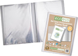 A4 recycled clear presentation display book with 60 pockets from Eco-Eco Stationery, eco-friendly, durable, and perfect for organizing documents.