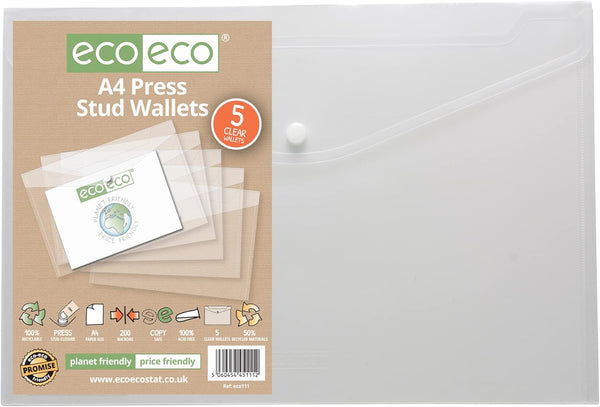Pack of 5 transparent A4 plastic folders with press stud closures by Eco-Eco Stationery, 50% recycled material, 310x238mm.