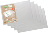 Pack of five Eco-Eco Stationery A4 clear recycled plastic wallets with press stud closures, 310x238mm.