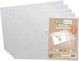 Pack of five Eco-Eco Stationery A4 clear plastic wallets with press stud closures, 50% recycled material, 310x238mm size