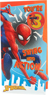 Marvel Spiderman You're 3 Swing into Action Birthday Card with Badge