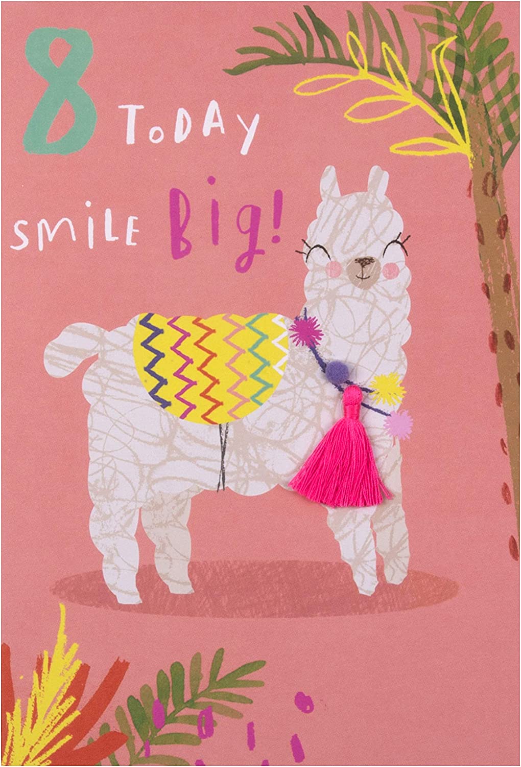 Quirky Llama Age 8 Birthday Card with Tassel and Pom Pom