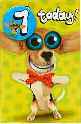 Dog with Big Eyes 7th Birthday Card with Badge