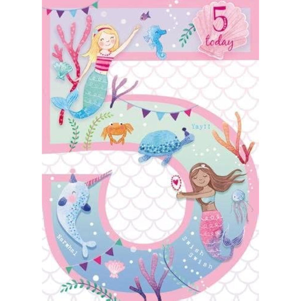 Colorful Magical Mermaid 5th Birthday Greeting Card for Girl by GBCC, featuring a whimsical mermaid design on the front.