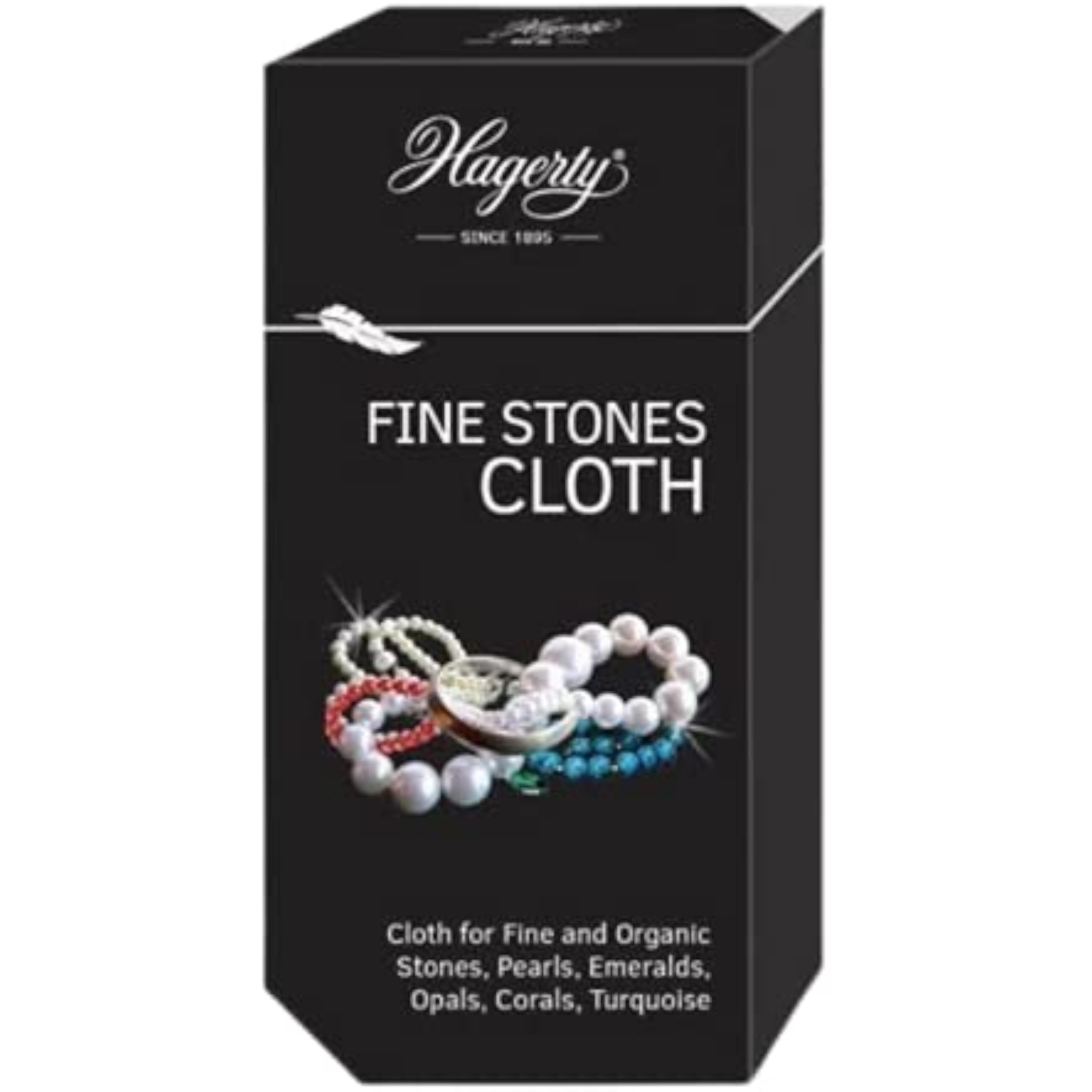 Hagerty Fine Stones BL jewelry cleaning cloth restoring shine to silver and fine jewelry, soft fabric with brand label visible