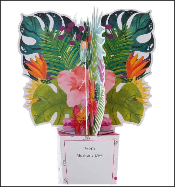Colorful 3D tropical flowers pop-up Mother's Day card with vibrant floral design by Hallmark.