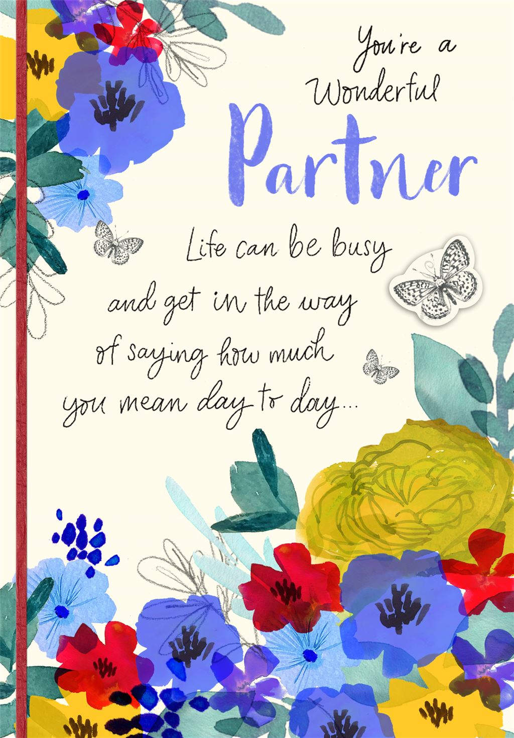 Hallmark floral greeting card with "You're a Wonderful Partner" message, featuring colorful floral illustrations on the front.