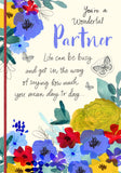 Hallmark floral greeting card with "You're a Wonderful Partner" message, featuring colorful floral illustrations on the front.