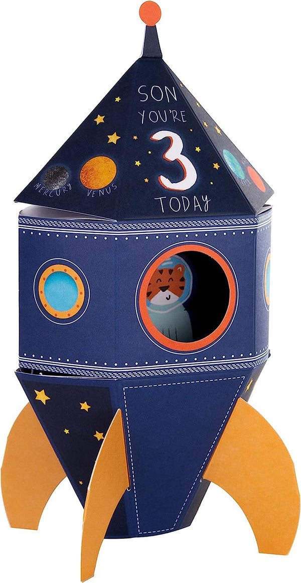 Hallmark Blast Off 3rd Birthday pop-out card featuring colorful space-themed design and playful illustrations for a young child's celebration.