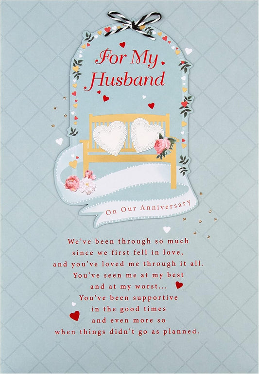 Hallmark anniversary card for husband featuring classic illustrated design with heartfelt verse and romantic imagery.