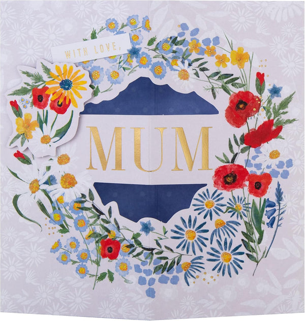 Hallmark Mother’s Day card featuring a pop-up 3D flower wreath design with vibrant colors and elegant floral details.