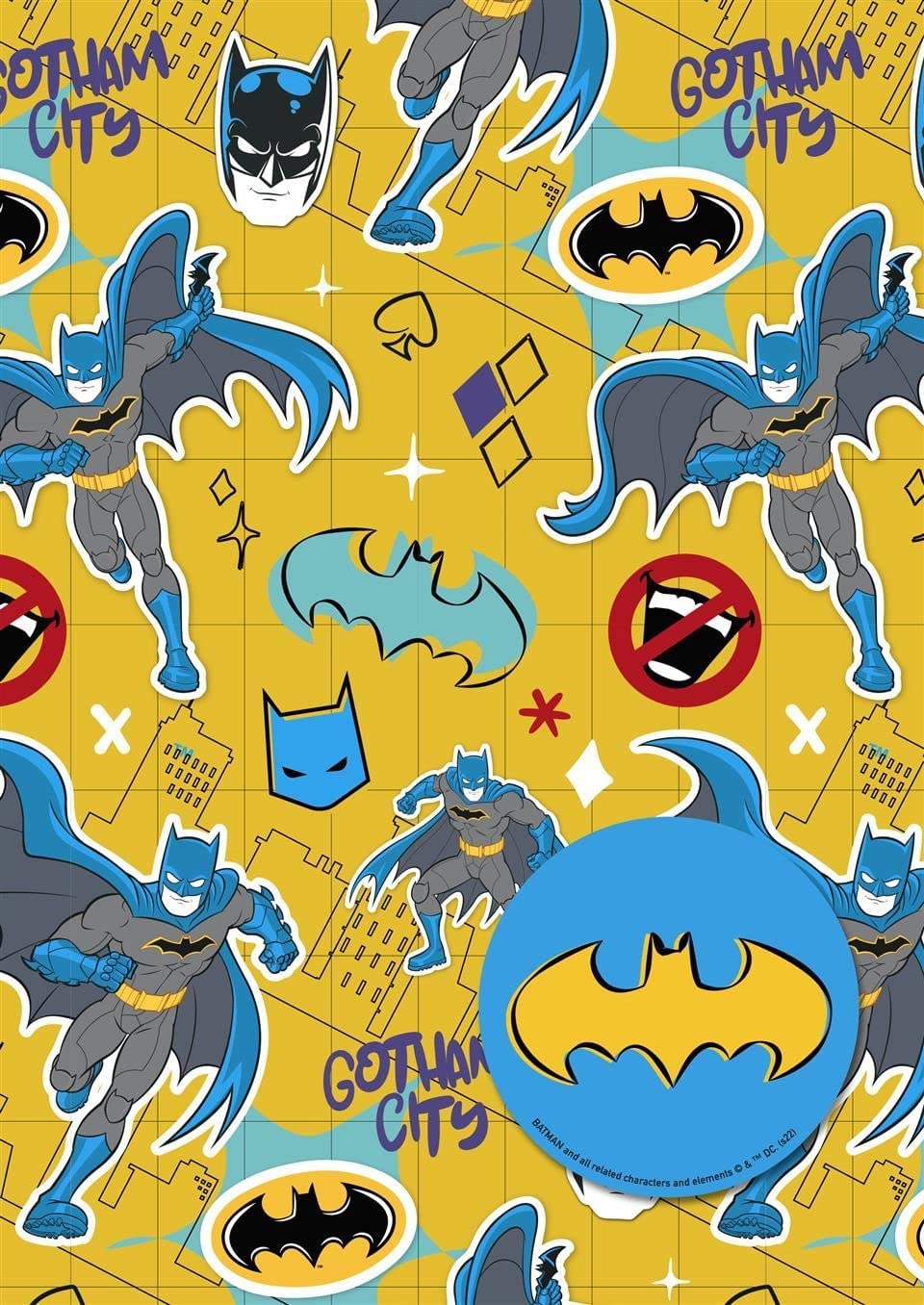 Hallmark Batman gift wrap with two sheets and two matching gift tags, featuring iconic Batman graphics and dark superhero-themed design.