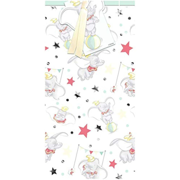 Disney Dumbo gift wrapping paper with colorful Dumbo and star designs, featuring matching gift tags, by Hallmark.